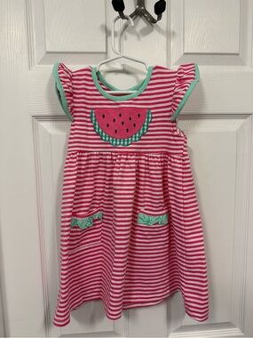 Girls Pink Stripe Watermelon Dress with Mint Trim